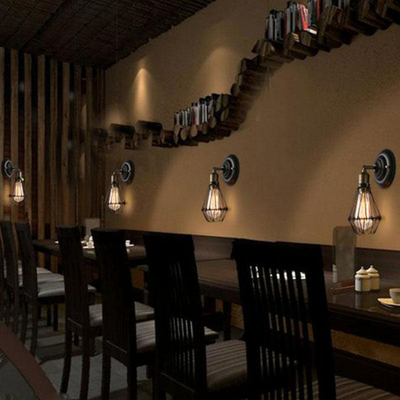Siopsrl| One-bulb wall-mounted light industrial pear cage iron wall light fixture in black