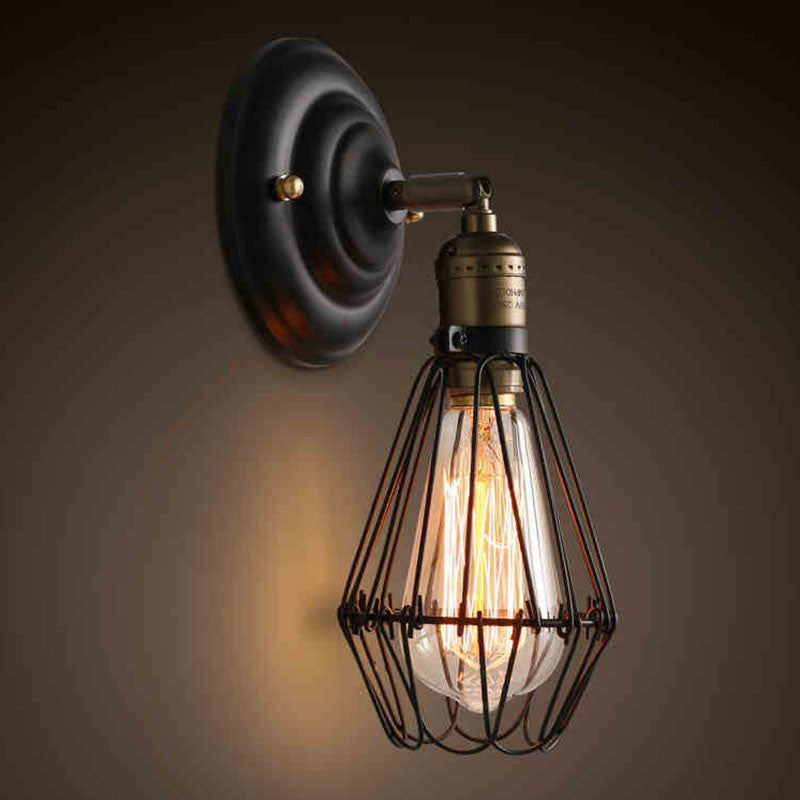 Siopsrl| One-bulb wall-mounted light industrial pear cage iron wall light fixture in black