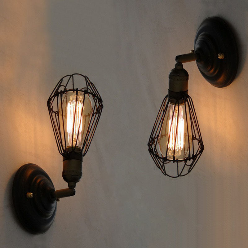 Siopsrl| One-bulb wall-mounted light industrial pear cage iron wall light fixture in black
