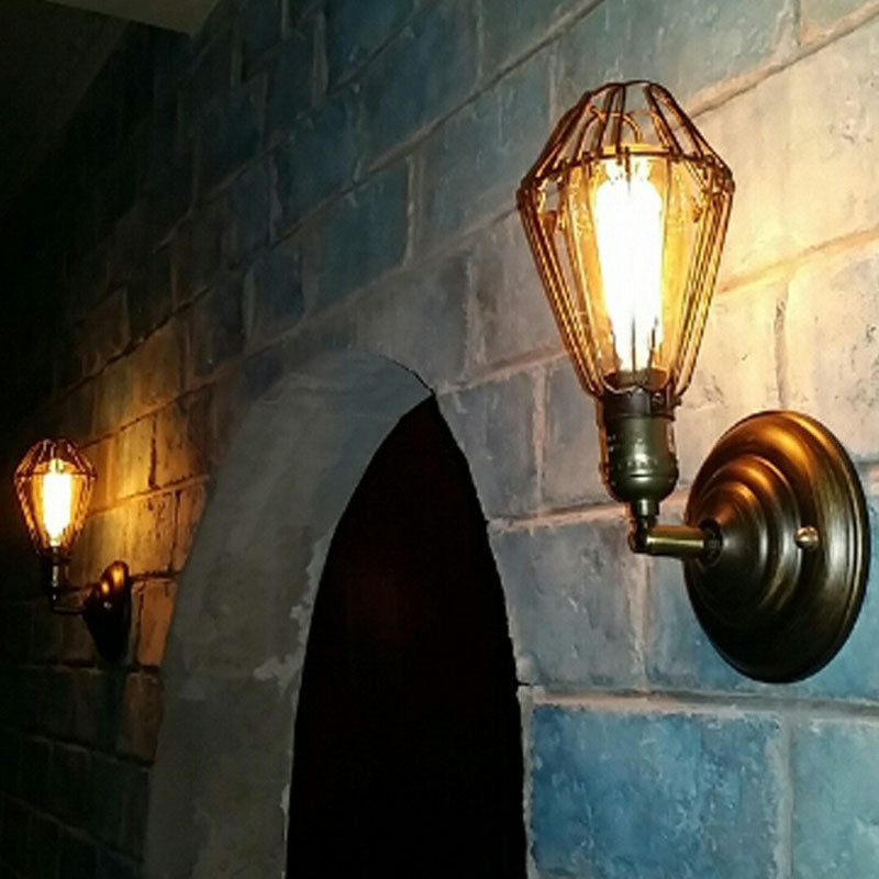 Siopsrl| One-bulb wall-mounted light industrial pear cage iron wall light fixture in black