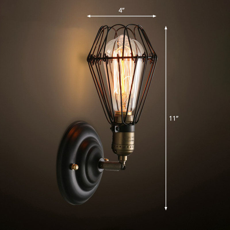 Siopsrl| One-bulb wall-mounted light industrial pear cage iron wall light fixture in black