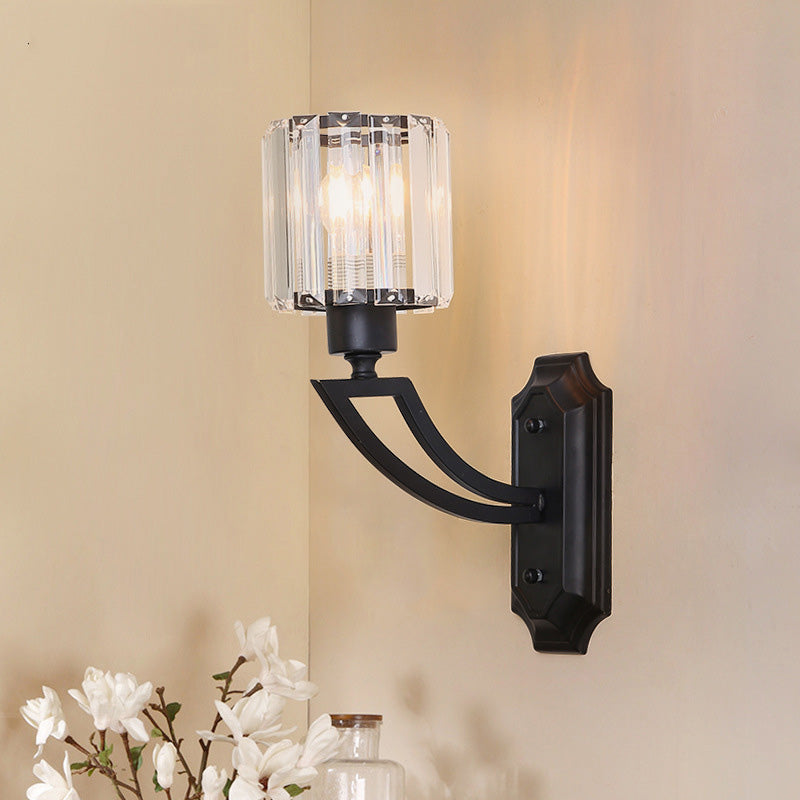 Siopsrl| Cylindrical Clear Crystal Wall Lamp Modernist Style 1 Light Black/Gold Finish Wall Lighting Fixture with Curved Arm