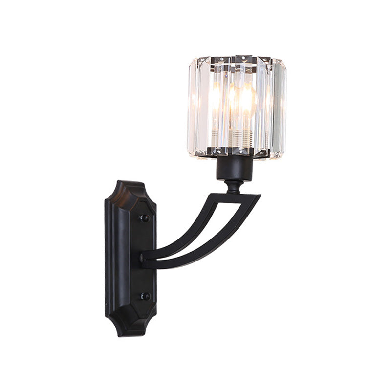 Siopsrl| Cylindrical Clear Crystal Wall Lamp Modernist Style 1 Light Black/Gold Finish Wall Lighting Fixture with Curved Arm