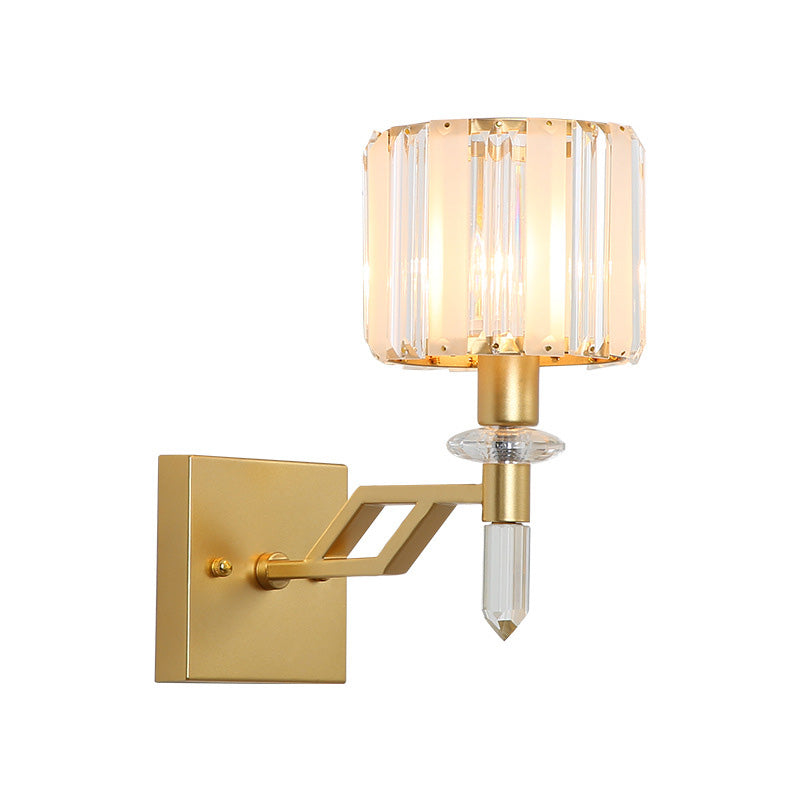 Siopsrl| Cylindrical Clear Crystal Wall Lamp Modernist Style 1 Light Black/Gold Finish Wall Lighting Fixture with Curved Arm