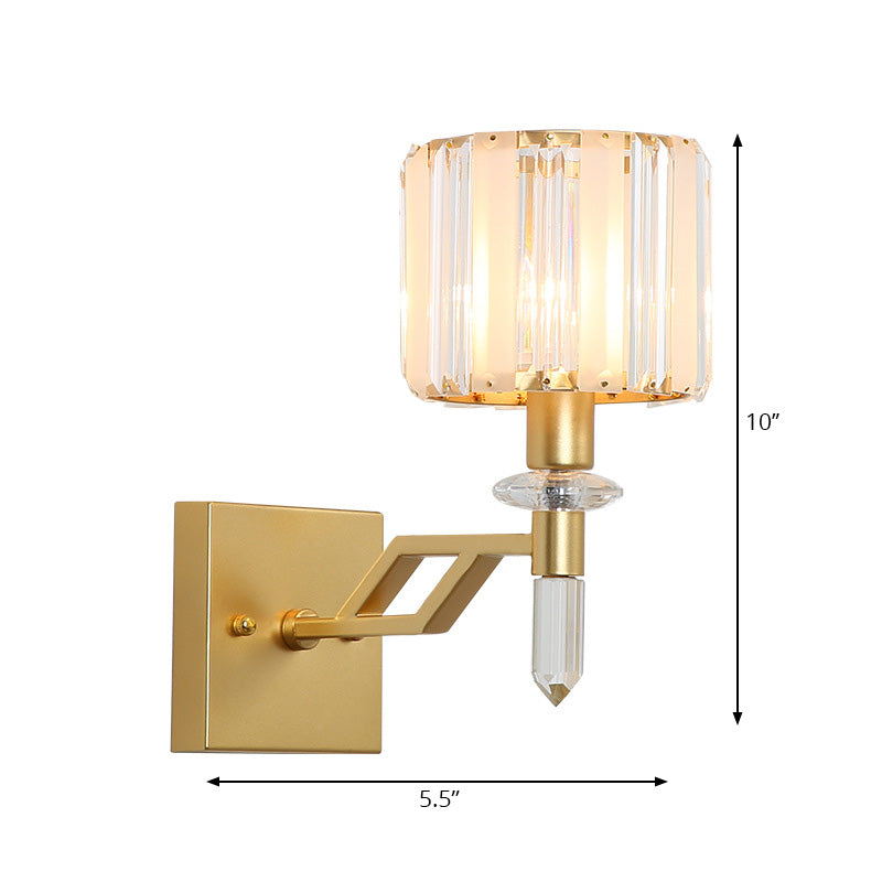 Siopsrl| Cylindrical Clear Crystal Wall Lamp Modernist Style 1 Light Black/Gold Finish Wall Lighting Fixture with Curved Arm
