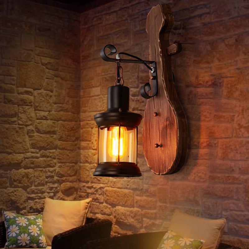 Siopsrl| Nautical Novelty Guitar Wall Light Fixture 1-Light Wooden Sconce with Lantern Lampshade
