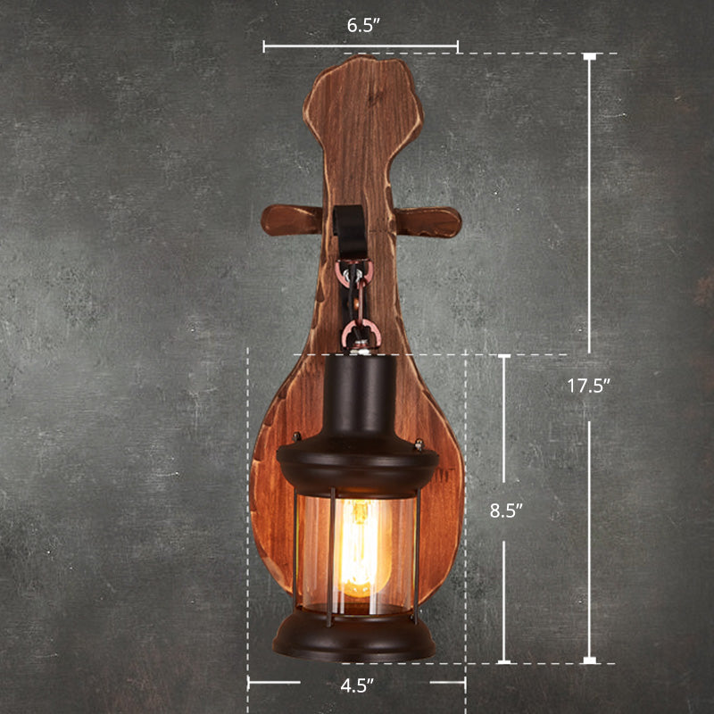 Siopsrl| Nautical Novelty Guitar Wall Light Fixture 1-Light Wooden Sconce with Lantern Lampshade