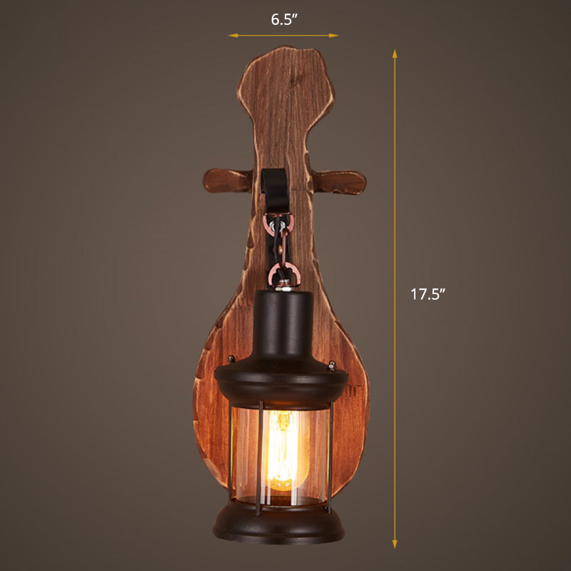 Siopsrl| Nautical Novelty Guitar Wall Light Fixture 1-Light Wooden Sconce with Lantern Lampshade