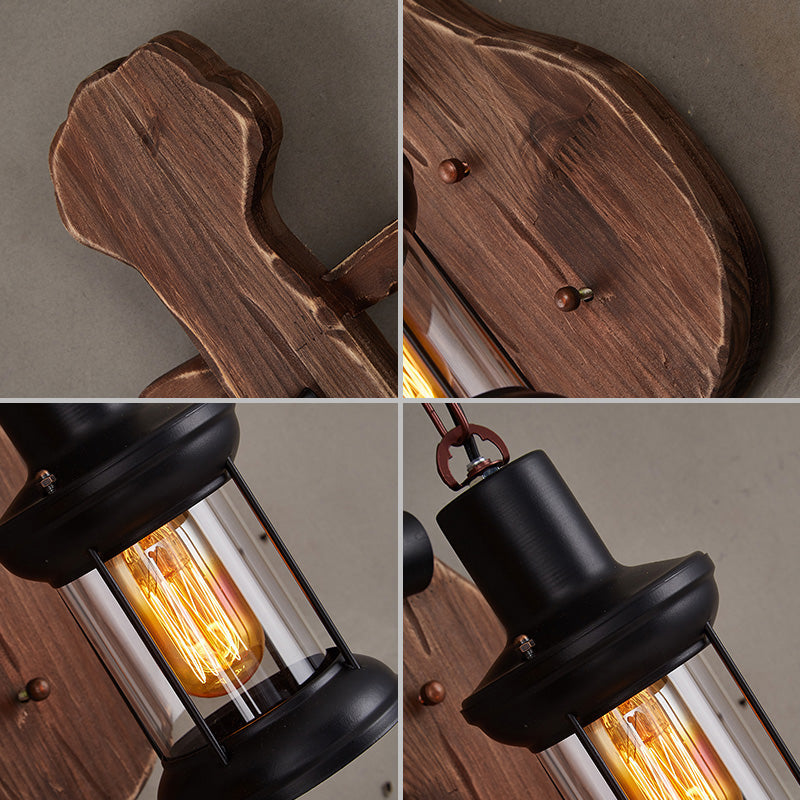 Siopsrl| Nautical Novelty Guitar Wall Light Fixture 1-Light Wooden Sconce with Lantern Lampshade