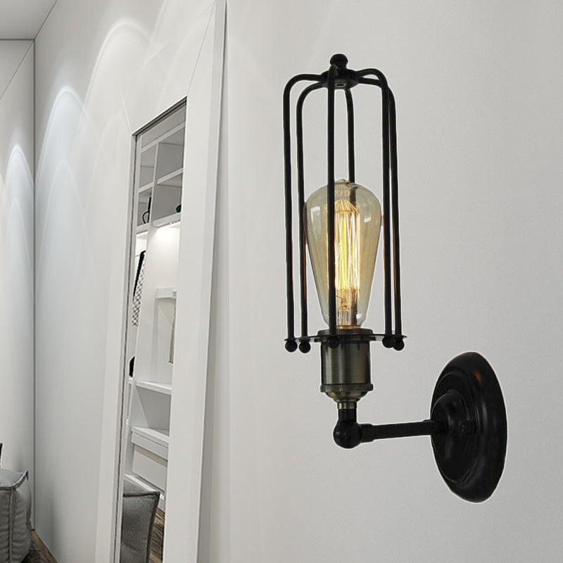 Siopsrl| 1 Head floor lamp Vintage industrial tube cage shading metal mini wall light fixture in black for corridor