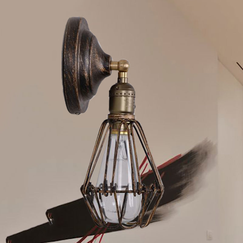 Siopsrl| 1 Light Bulb Wire Cage Wall Light Country House Style Stylish Antique Brass Wrought Iron Wall Light Lighting for Restaurant