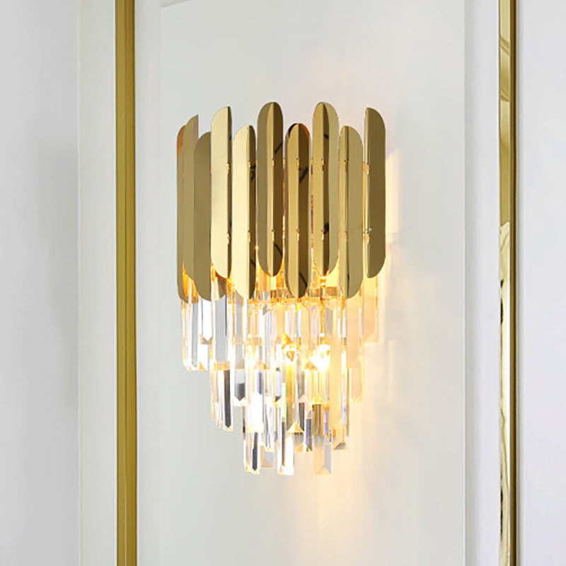 Siopsrl| Stacked Wall Light Modernist Metal 1 Light Brass Wall Lamp with Clear Crystal Block for Nightstand