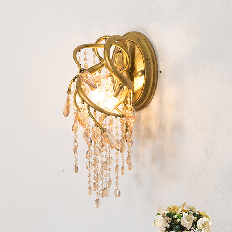 Siopsrl| Branching Wall-Mounted Lighting Vintage Metal 1 Bulb Brass Finish Wall Light with Amber Crystal Bead Accent