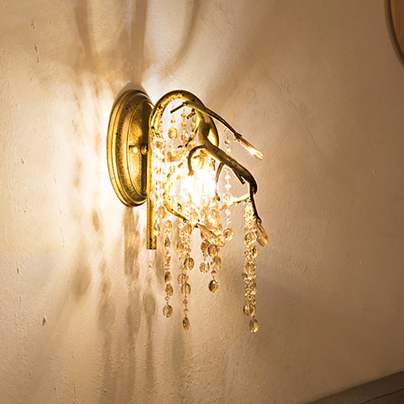 Siopsrl| Branching Wall-Mounted Lighting Vintage Metal 1 Bulb Brass Finish Wall Light with Amber Crystal Bead Accent
