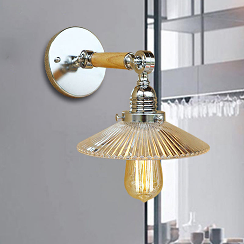 Siopsrl| 1 Light Clear Ribbed Glass Wall Sconce Light Industrial Chrome Cone Living Room Lighting Fixture, 8"/4"/6" Width Wood Arm