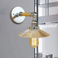 Siopsrl| 1 Light Clear Ribbed Glass Wall Sconce Light Industrial Chrome Cone Living Room Lighting Fixture, 8"/4"/6" Width Wood Arm
