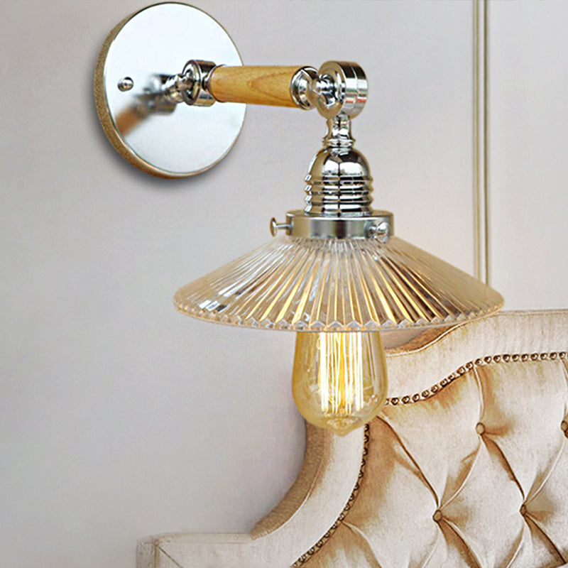 Siopsrl| 1 Light Clear Ribbed Glass Wall Sconce Light Industrial Chrome Cone Living Room Lighting Fixture, 8"/4"/6" Width Wood Arm
