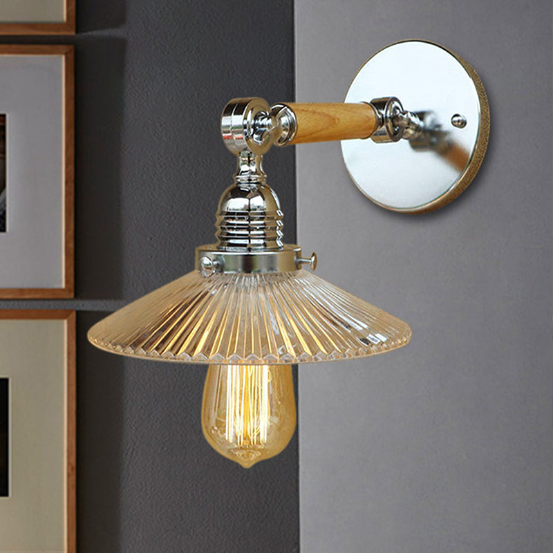 Siopsrl| 1 Light Clear Ribbed Glass Wall Sconce Light Industrial Chrome Cone Living Room Lighting Fixture, 8"/4"/6" Width Wood Arm