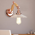 Siopsrl| A wall light with a light bulb and conical shade made of clear prismatic glass, industrial wall lamp for the living room with curved arm