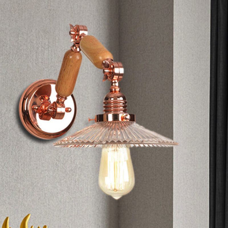 Siopsrl| A wall light with a light bulb and conical shade made of clear prismatic glass, industrial wall lamp for the living room with curved arm