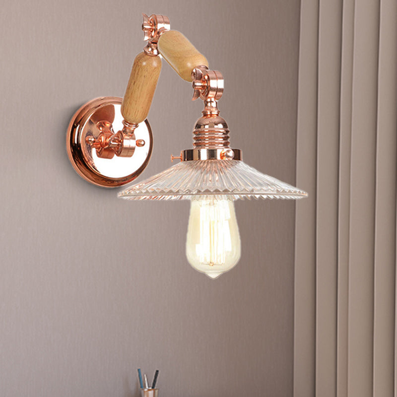 Siopsrl| A wall light with a light bulb and conical shade made of clear prismatic glass, industrial wall lamp for the living room with curved arm