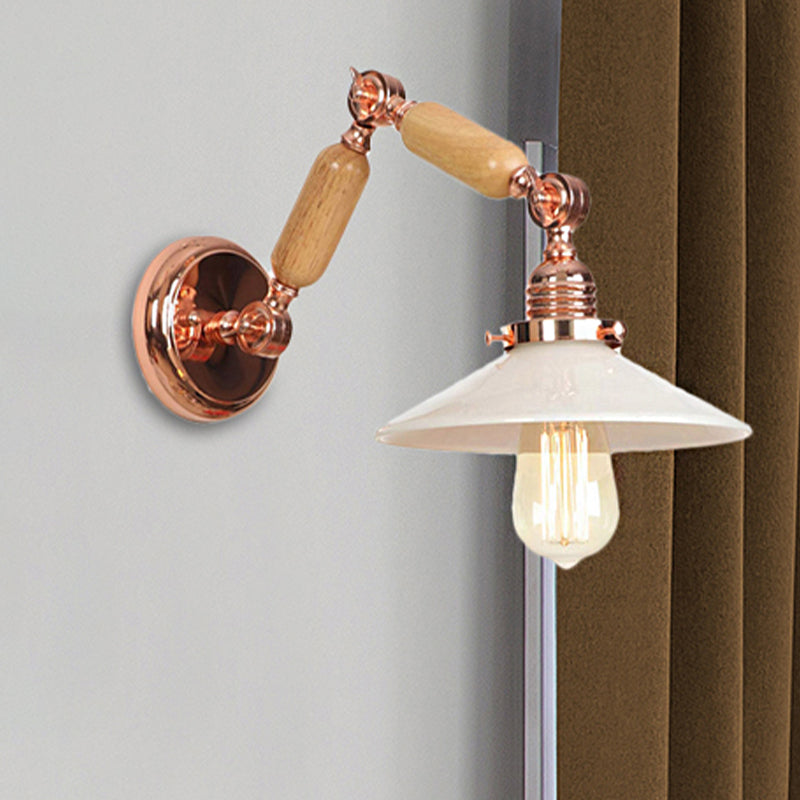 Siopsrl| White glass conical wall lamp industrial 1 light living room lighting fixture with retractable arm