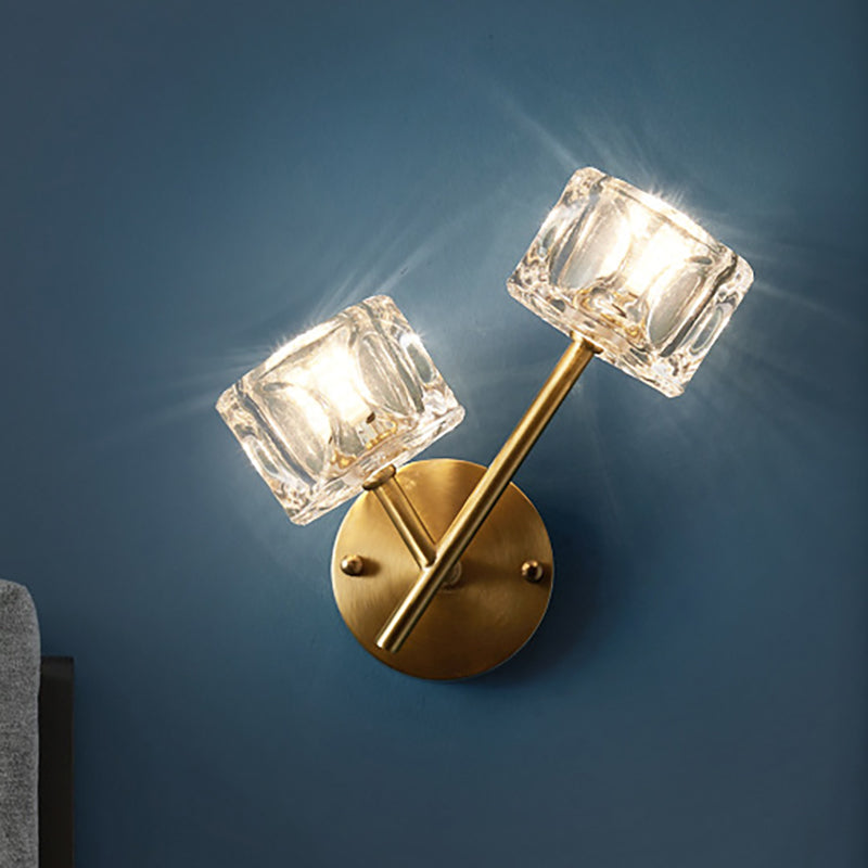 Siopsrl| 1/2-Light Bedroom Wall Lighting Contemporary Style Brass Finish with Square Clear Crystal Shade