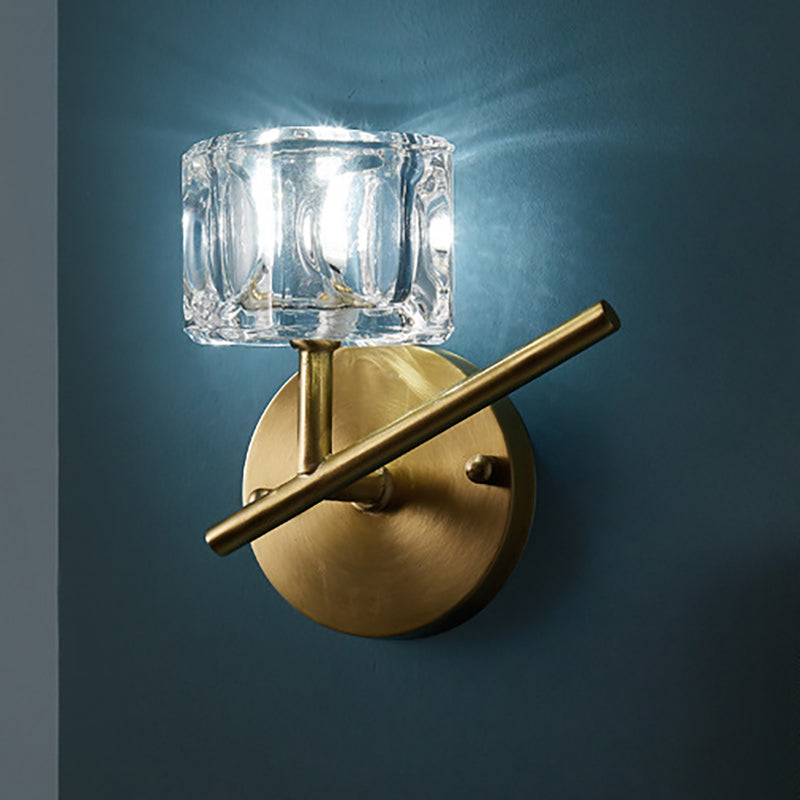 Siopsrl| 1/2-Light Bedroom Wall Lighting Contemporary Style Brass Finish with Square Clear Crystal Shade