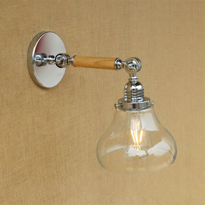 Siopsrl| Wood One Light Wall Lamp Vintage Clear Glass Pear Lighting Fixture for Living Room, 8"/4"/6" L Wooden Arm