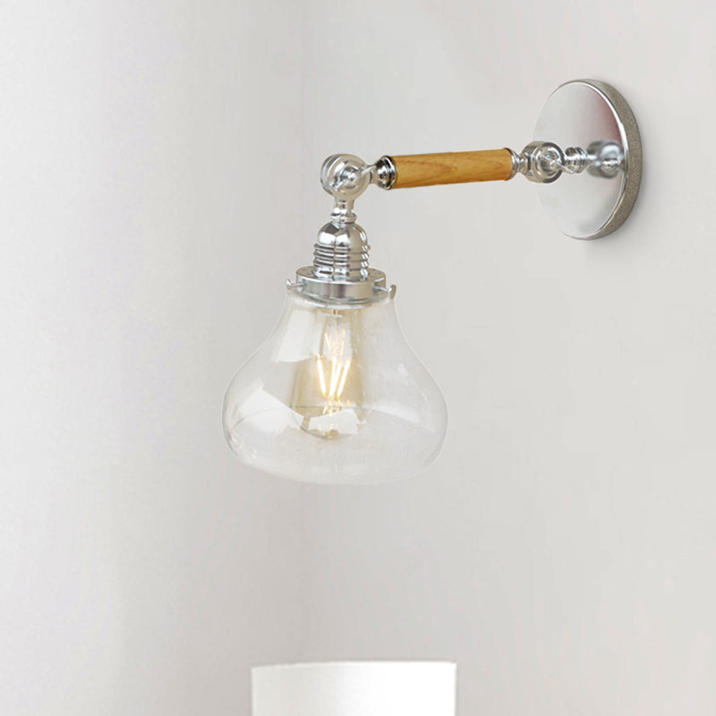 Siopsrl| Wood One Light Wall Lamp Vintage Clear Glass Pear Lighting Fixture for Living Room, 8"/4"/6" L Wooden Arm