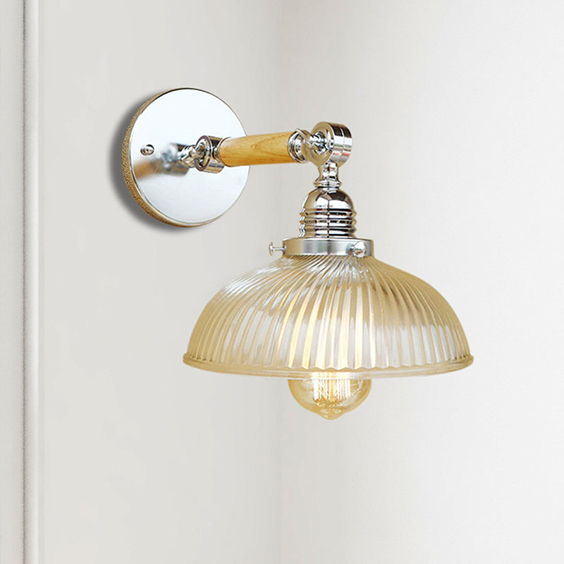 Siopsrl| Curved Living Room Wall Light Fixture Antique Stylish Ribbed Glass 1 Light Clear Wall Lamp for Hallway, 8"/4"/6" L Wooden Arm