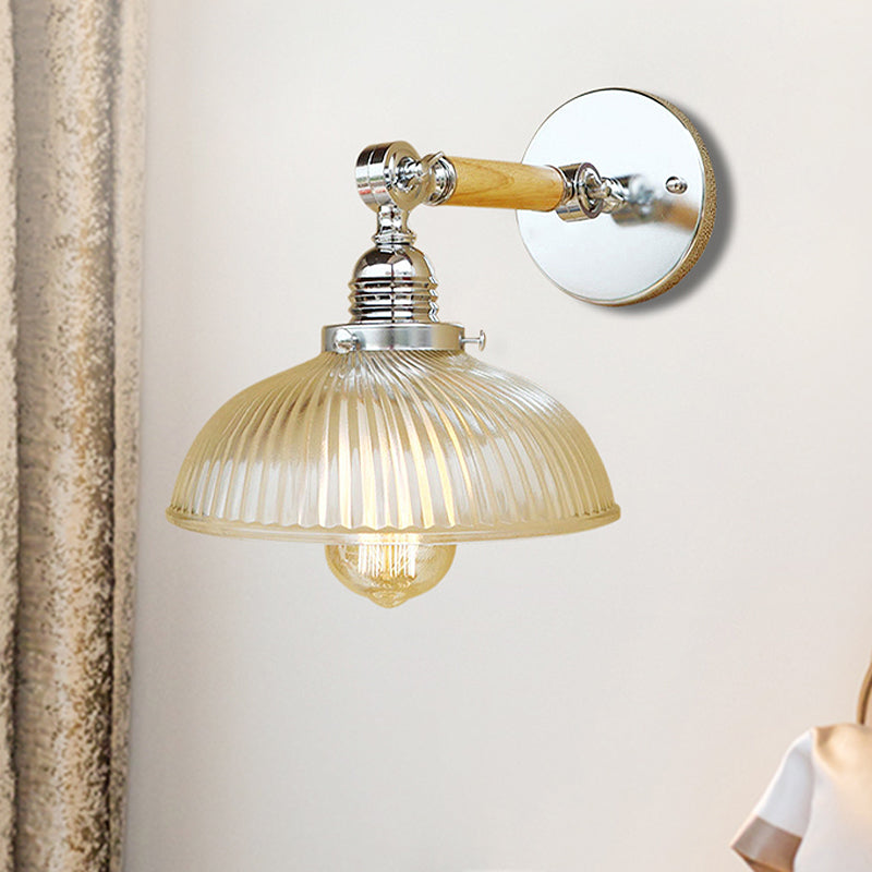 Siopsrl| Curved Living Room Wall Light Fixture Antique Stylish Ribbed Glass 1 Light Clear Wall Lamp for Hallway, 8"/4"/6" L Wooden Arm