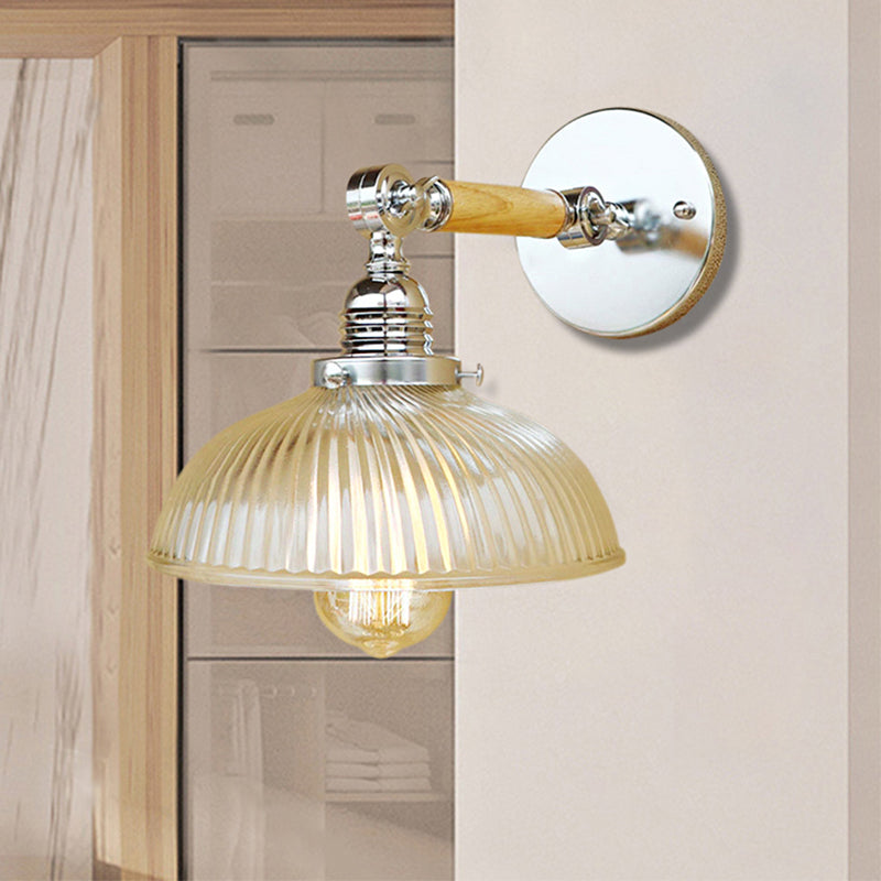 Siopsrl| Curved Living Room Wall Light Fixture Antique Stylish Ribbed Glass 1 Light Clear Wall Lamp for Hallway, 8"/4"/6" L Wooden Arm
