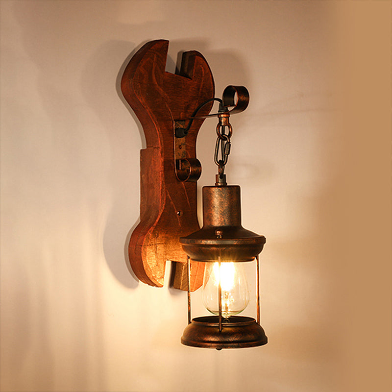 Siopsrl| Rust One-Light Wall Light Coastal Clear Glass Lantern Lighting Fixture with Wood Back Plate