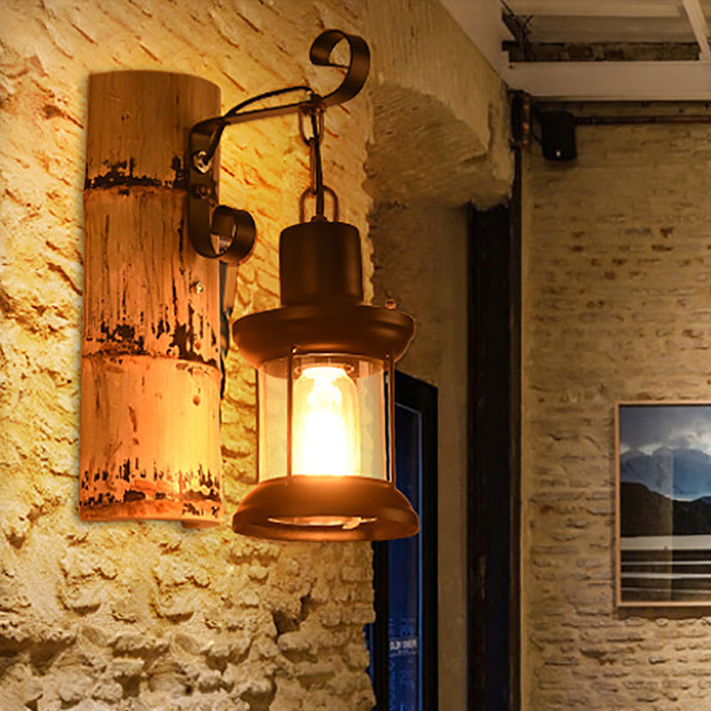 Siopsrl| A wall lamp with a clear glass lantern in industrial style, wall lamp for the dining room in black with a bamboo backplate