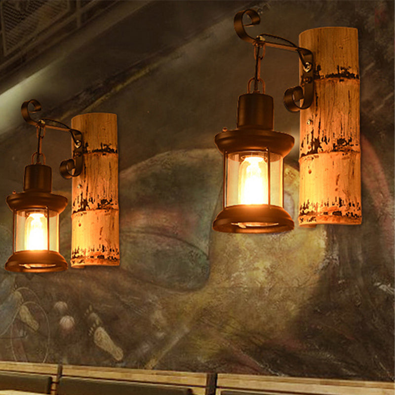 Siopsrl| A wall lamp with a clear glass lantern in industrial style, wall lamp for the dining room in black with a bamboo backplate