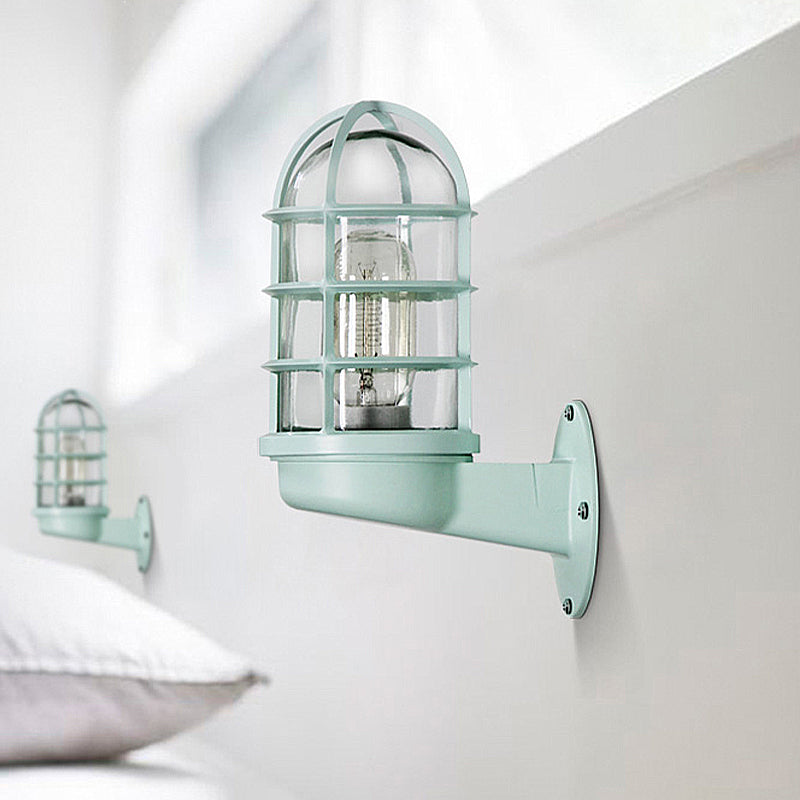 Siopsrl| Cylinder Clear Glass Wall Mounted Lamp Industrial Single Bulb Living Room Wall Light in Pink/Blue/Green with Cage
