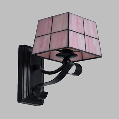 Siopsrl| Pink/Blue/Beige Square Wall Lamp Tiffany Style Colored Glass 1 Light Wall Mount Fixture for Bedroom