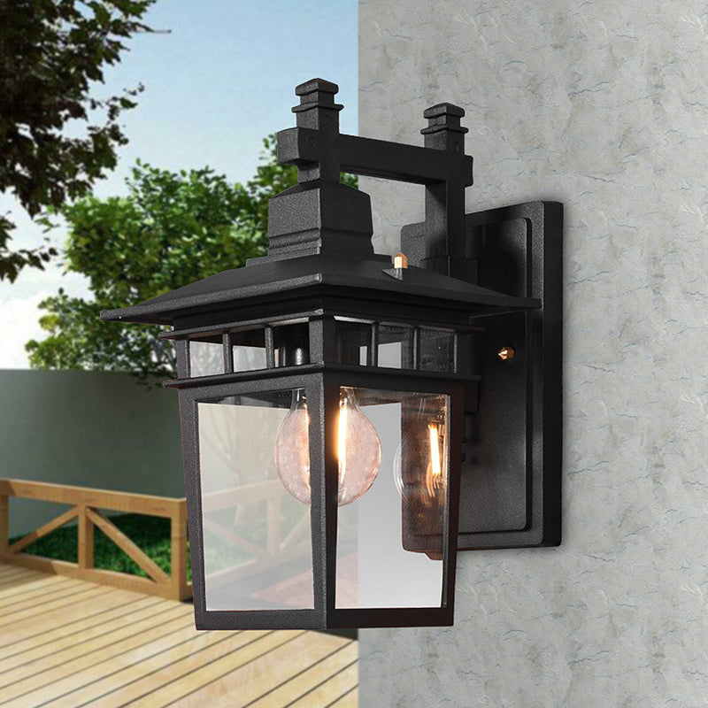 Siopsrl| Lantern Clear Glass Wall Hanging Lamp Industrial Single Bulb Veranda Wall Light in Black