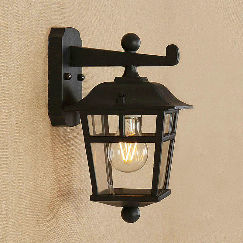 Siopsrl| Lantern Clear Glass Wall Hanging Lamp Industrial Single Bulb Veranda Wall Light in Black