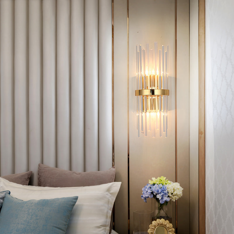 Siopsrl| Cylinder Wall Light Modern Three-Sided Crystal Rod 2 Heads Gold Wall Light