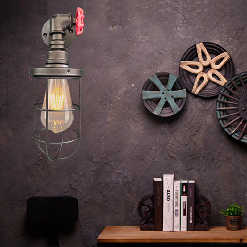 Siopsrl| Wire frame corridor wall lamp iron 1 head farmhouse wall lighting with red shade design in antique bronze/black