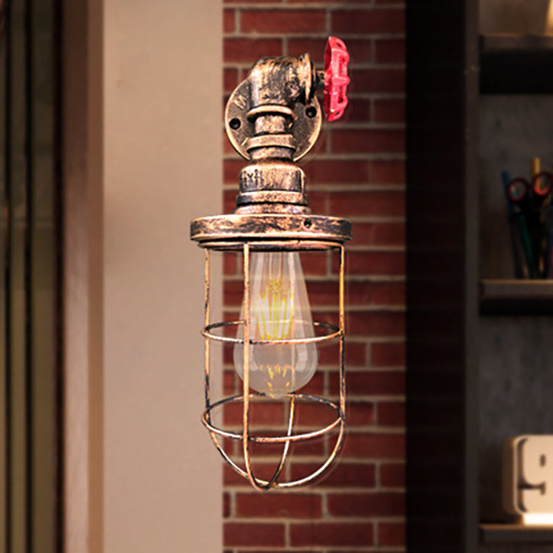 Siopsrl| Wire frame corridor wall lamp iron 1 head farmhouse wall lighting with red shade design in antique bronze/black