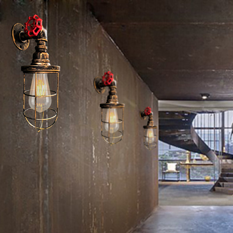 Siopsrl| Wire frame corridor wall lamp iron 1 head farmhouse wall lighting with red shade design in antique bronze/black