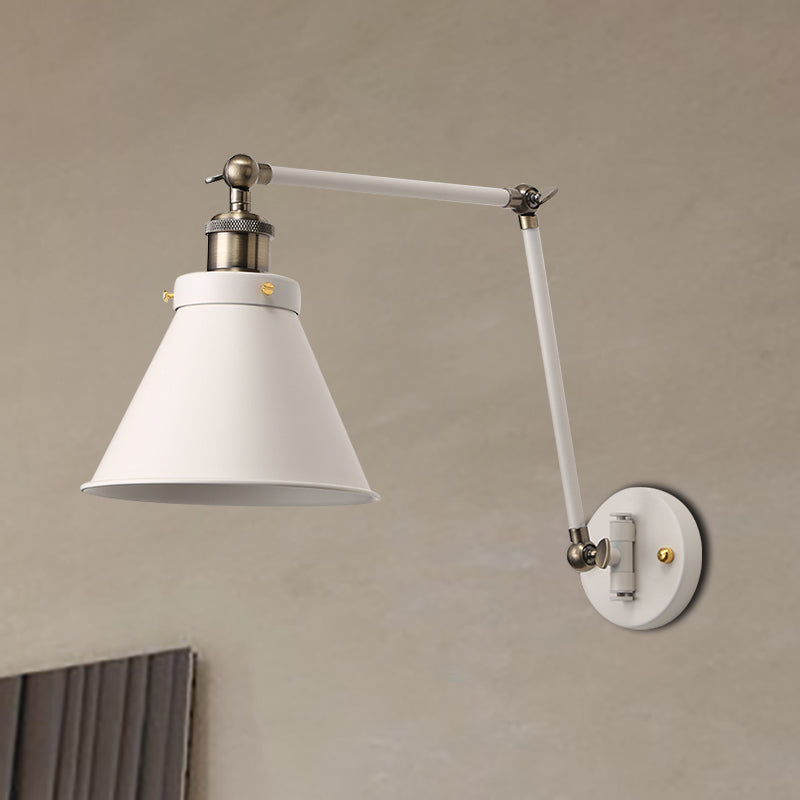 Siopsrl| Cone Wall Lamp Fixture Industrial Style Metal 1 Bulb Black/White Wall Light with Swing Arm for Bedroom