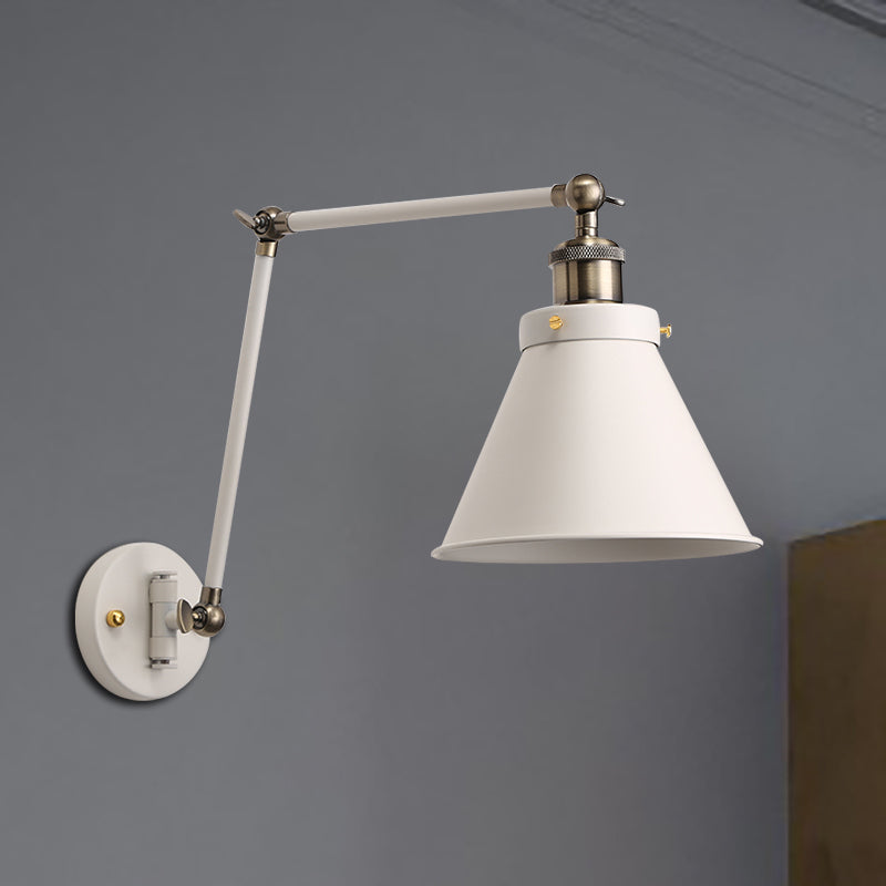 Siopsrl| Cone Wall Lamp Fixture Industrial Style Metal 1 Bulb Black/White Wall Light with Swing Arm for Bedroom
