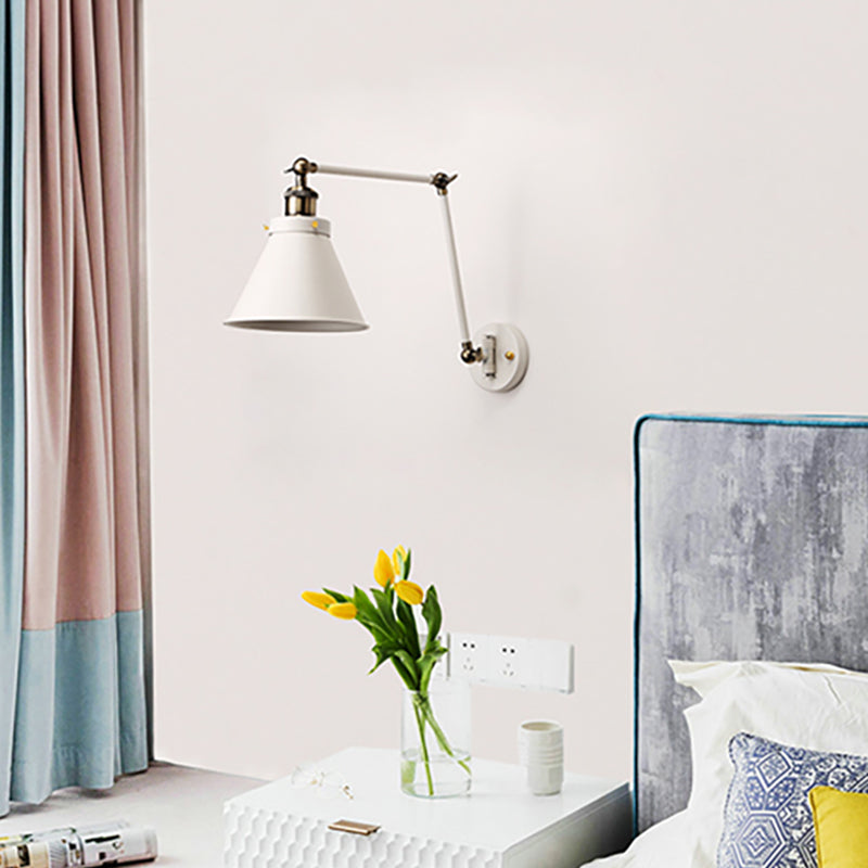 Siopsrl| Cone Wall Lamp Fixture Industrial Style Metal 1 Bulb Black/White Wall Light with Swing Arm for Bedroom