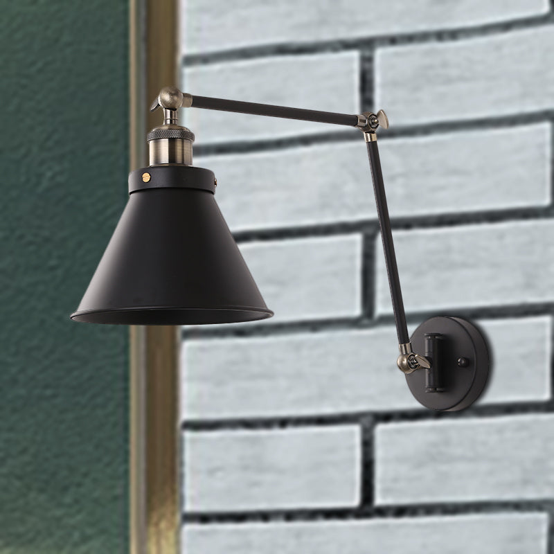 Siopsrl| Cone Wall Lamp Fixture Industrial Style Metal 1 Bulb Black/White Wall Light with Swing Arm for Bedroom
