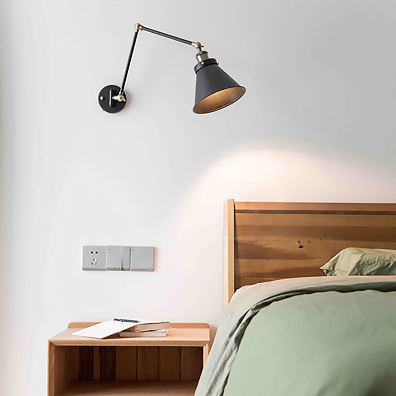 Siopsrl| Cone Wall Lamp Fixture Industrial Style Metal 1 Bulb Black/White Wall Light with Swing Arm for Bedroom
