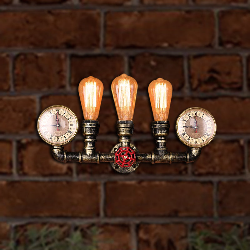Siopsrl| Antique Brass Pipe Wall Lamp Rustic Stylish 3 Heads Wrought Iron Wall Lamp Fixture with Manometer and Valve Deco